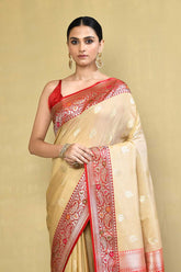 Tussar/Beige - Red Banarasi Handloom Saree With Contrast Meenakari Border
